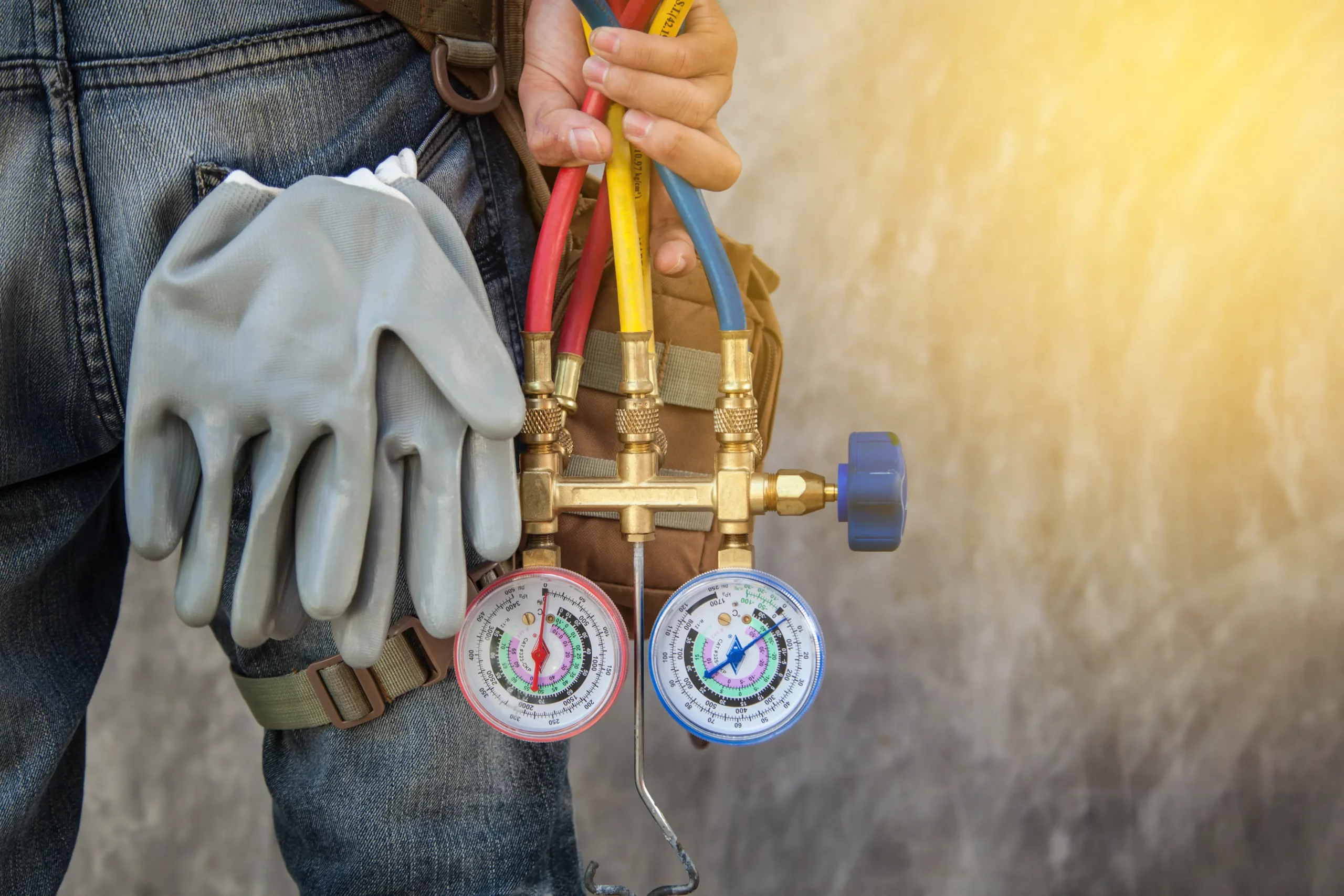 HVAC gauge manifold and work gloves
